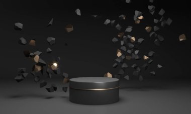 Fotokopi alanı ve düşen taşlar için podyum. Koyu mat kaidesi - marka ürünleri sergisi, mallar. Altın parıltılı dekor tasarımı. Lüks pahalı stüdyo - 3D resimleme. 