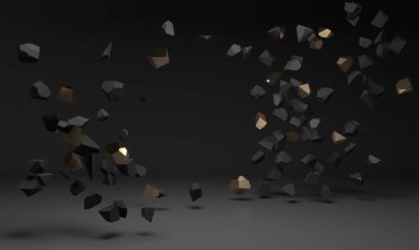 Black gold gemstones pieces fly. Explosion, rock destruction - 3d render illustration. Luxury stylish background for template mockup. Exhibition Space for brand goods, creative advertising promotion 