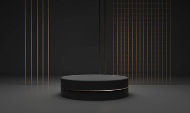 Fotokopi alanı olan bir podyum. Koyu mat kaidesi - markalı ürünler sergisi, mallar. Altın parıltılı dekor tasarımı. Lüks pahalı stüdyo - 3D resimleme. 
