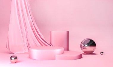 Pembe arka planda kaidesi olan 3D bir podyum çizimi