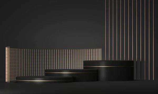 Siyah arka planda kaidesi olan modern bir iş podyumunun 3D canlandırması