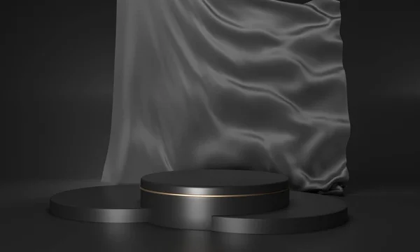 Siyah arkaplanda kaidesi olan beyaz bir podyumun 3D canlandırması.