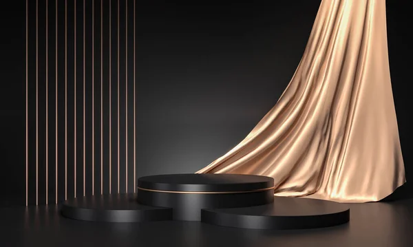Siyah arka planda kaidesi olan 3D altın bir podyum.