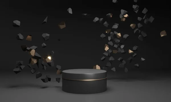 Fotokopi alanı ve düşen taşlar için podyum. Koyu mat kaidesi - marka ürünleri sergisi, mallar. Altın parıltılı dekor tasarımı. Lüks pahalı stüdyo - 3D resimleme. 