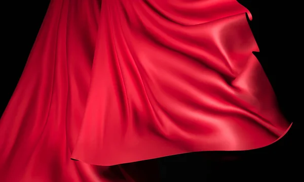 Red silk flowing - 3d realistic render illustration. Smooth fabric falls, fluttering in the wind. Drapery, red curtains. Blank space for ad text. Fabric folds - fashion template branding mockup.