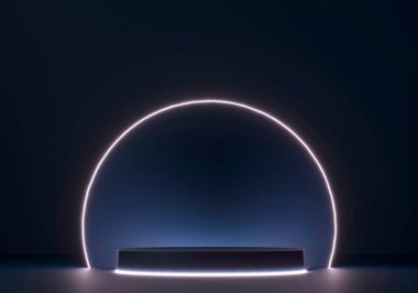 Karanlık arka planda podyum. Mavi Led Neon ışığı. 3 boyutlu resimleme. Boş Üs, yuvarlak kaide, boş alan ile ayakta durun. Akıllı telefon reklamı için teknolojik soyut arka plan, tablet.