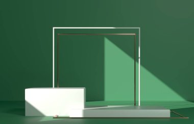 Podyum, sergi küpü kaidesi. 3 boyutlu resimleme. Kozmetik ürünler demek. Geometrik - mimari bileşim. Altın çerçeveli beyaz baz podyumu. Yeşil doğal arkaplan.