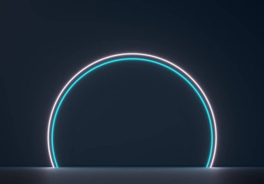 Karanlık arka planda podyum. Mavi Led Neon ışığı. 3 boyutlu resimleme. Boş Üs, kaide, boş alanda durun. Akıllı telefon, tablet reklamları için teknolojik soyut arkaplan.