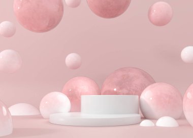 Sakız baloncukları. Dinamik zıplayan toplar ve metin için kopyalama alanı. Pastel arka plan reklamı. Platform, şablon için sergi tabanı. Tatlı şekerler - 3D resimleme 