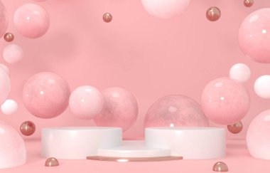 Sakız baloncukları. Dinamik zıplayan toplar ve metin için kopyalama alanı. Pastel arka plan reklamı. Platform, şablon için sergi tabanı. Tatlı şekerler - 3D resimleme 