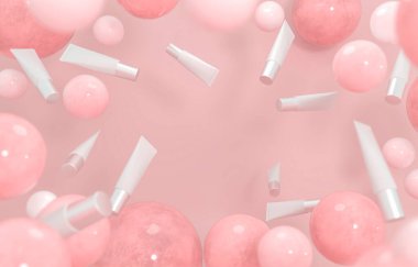 Sakız baloncukları. Dinamik zıplayan toplar ve metin için kopyalama alanı. Pastel arka plan reklamı. Platform, şablon için sergi tabanı. Tatlı şekerler - 3D resimleme 