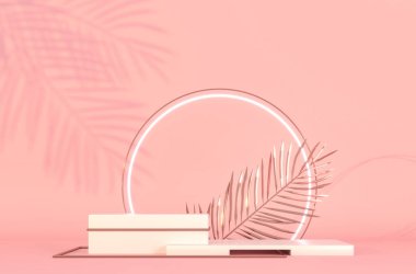 Yaya ve daire şeklinde. Palmiye ağaçları altın parıltılı yapraklar. 3 boyutlu resimleme. Marka tanıtım ürünleri için podyum. Reklam sunumu için yaratıcı pembe arka plan. Temel modellemeyi uygula