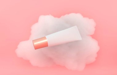 Moisturizing cream gel in jar, tube. Delicate fluffy clouds, white soapy foam. Cosmetic Gift, Anniversary Present. Pink delicate background for advertising branded products. 3d render illustration
