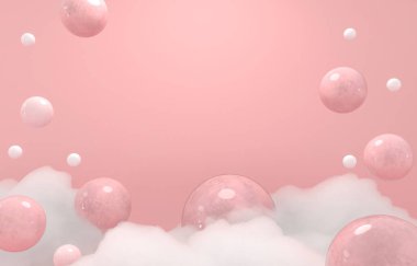Exhibition base for product. Sweet candies - 3d render illustration Delicate fluffy clouds, white soapy foam. Empty space for goods. Pink pastel background. Chewing gum bubbles.