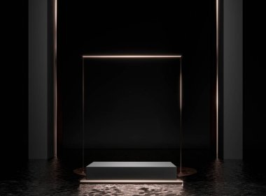 Küp taş kaidesi, karanlık suda kara kutu. 3 boyutlu resimleme. Altın parıltılı dekor tasarımı. Ürün tanıtımı için boş bir üs. Çerçeveli lüks altın model.