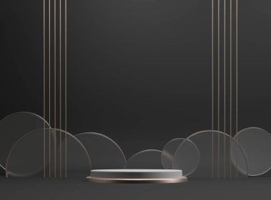 Podyum, sergi yuvarlak kaidesi - 3 boyutlu resimleme. Kozmetik ürünler demek. Geometrik - mimari bileşim. Koyu siyah, cam, altın desenli bir podyum..