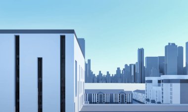 Ofis İnşaat Şirketi. Şehir, mavi gökyüzünde 3 boyutlu panorama. Çizim çizimi. Apartman reklam afişi. Ofis merkezi ortamı. Yüksek gökdelenler - kiralık malikane