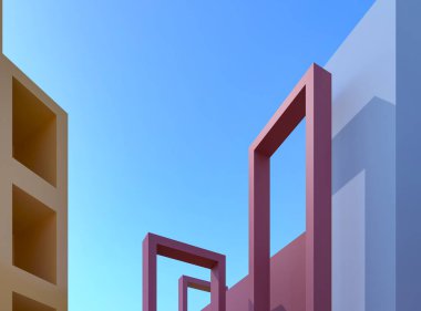 Mimari yapı mavi gökyüzüne karşı. Kırmızı dikdörtgen kemerler, gri küpler. Reklam ürünleri ve markalar için mimari kompozisyon. Sarı raf, sergi için uygun. 3d resimleme