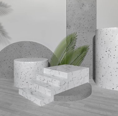 Podyum, terrazzo sıva ve beyaz mermer merdiven. Arka planda tropik palmiye yaprakları var. Kozmetik ürünler ve ürünler için vitrin tabanı. Doğal taş kaideleri - 3 boyutlu resimleme.
