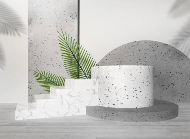 Podyum, terrazzo sıva ve beyaz mermer merdiven. Arka planda tropik palmiye yaprakları var. Kozmetik ürünler ve ürünler için vitrin tabanı. Doğal taş kaideleri - 3 boyutlu resimleme.