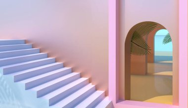 Dış mimari - Sıcak güneşli bir gün. Palmiye yaprakları, adımlar, sergi için podyumlar. Ürünleri tanıtma platformu. Mola için doğu avlusu - reklam afişi. Kopya alanı ile 3d görüntüleme