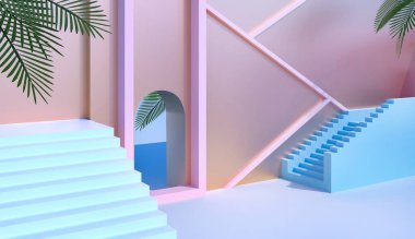 Dış mimari - Sıcak güneşli bir gün. Palmiye yaprakları, adımlar, sergi için podyumlar. Ürünleri tanıtma platformu. Mola için doğu avlusu - reklam afişi. Kopya alanı ile 3d görüntüleme