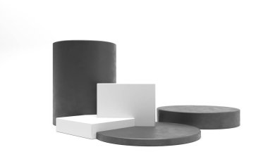 Podyum, ürün tanıtımı için sergi kaidesi. Küpler ve silindirler - platform, satış sahnesi. Siyah beyaz podyum izole edildi. Mimari kozmetik 3D çizim. Geometrik şekiller