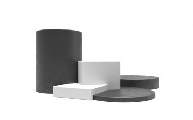 Podyum, ürün tanıtımı için sergi kaidesi. Küpler ve silindirler - platform, satış sahnesi. Siyah beyaz podyum izole edildi. Mimari kozmetik 3D çizim. Geometrik şekiller