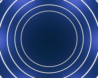 Müzikal kapak - koyu mavi arka planda parlak neon halkalar. Reklam metni için Boşluğu Kopyala. Teknolojik yuvarlak çizgiler - soyut üç boyutlu çizimler. Markalar için şablon modellemesi.