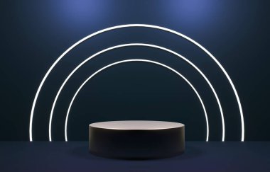 Altın podyum, mavi arka planda dur. Malların, markaların sergilenmesi için klasik bir gösteri. Tasarım şablonu modeli - 3D canlandırma çizimi. Altın taban, yukarıdan gelen spot ışıklarıyla aydınlatılmış.