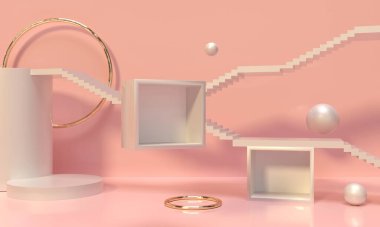 Yaya, raf ve oyuk. Pastel güzel renkler. 3 boyutlu resimleme. Marka tanıtım ürünleri için podyum adımları. Reklam sunumu için yaratıcı bir arka plan. Temel modellemeyi uygula.