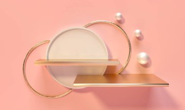 Yaya, raf ve oyuk. Pastel güzel renkler. 3 boyutlu resimleme. Marka tanıtım ürünleri için podyum adımları. Reklam sunumu için yaratıcı bir arka plan. Temel modellemeyi uygula.