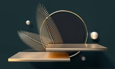 Yaya, raf ve oyuk. Palmiye ağaçları altın parıltısı bırakır. 3 boyutlu resimleme. Marka tanıtım ürünleri için podyum adımları. Reklam sunumu için yaratıcı bir arka plan. Temel modellemeyi uygula.