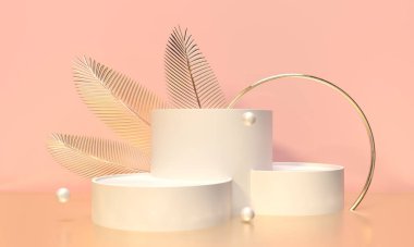 Podium, pedestal for brand promotion product. Creative pink background for advertising presentation. Palm trees leaves gold glitter. 3d render illustration. Stand base mockup
