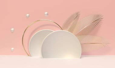 Pedestal and niche. Palm trees leaves gold glitter. 3d render illustration. Podium for brand promotion product. Creative pink background for advertising presentation. Stand base mockup