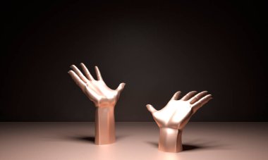 Gold hands showing open palm with empty space - 3d render illustration. Dark Sculptural composition for creative advertising. Open hand palm -social poster or promotion ad for jewellery, cosmetics.