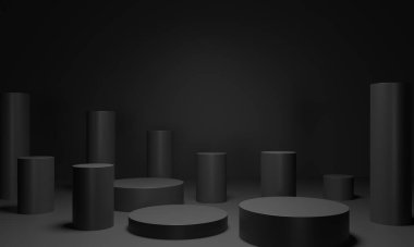 Yuvarlak kaideler, saf siyah silindir - 3 boyutlu çizim. Yaratıcı reklamcılık için heykel kompozisyonu. Boş podyum, ürün tanıtımı için üs. Lüks Kara arka plan