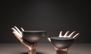 Yuvarlak kaideler, siyah silindir - 3 boyutlu resimleme. Heykel kompozisyonu - Altın el palmiyesini aç. Boş podyum, ürün tanıtımı için üs. Lüks Kara arka plan