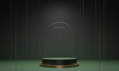 Yeşil podyum, kaide, arka planda platform. Altın çizgiler - 3 boyutlu çizim soyut çizim. Ürün tasarımı için boş alan. Konser ödüllü kazananları göster.
