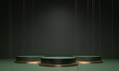Yeşil podyum, kaide, arka planda platform. Altın çizgiler - 3 boyutlu çizim soyut çizim. Ürün tasarımı için boş alan. Konser ödüllü kazananları göster.