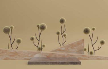 Premium podyum, kaide, pastel bej arka planda dur. Meditasyon rahatlama, spa terapisi ve sağlık. Güneşli sıcak yaz günü. 3 boyutlu resimleme. Dekorasyon için dallar ve çiçekler