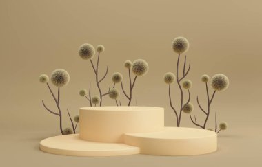 Premium podyum, kaide, pastel bej arka planda dur. Meditasyon rahatlama, spa terapisi ve sağlık. Güneşli sıcak yaz günü. 3 boyutlu resimleme. Dekorasyon için dallar ve çiçekler
