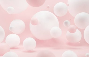 Sakız baloncukları. Dinamik zıplayan toplar ve metin için kopyalama alanı. Pembe pastel arka plan reklamı. Platform, şablon için sergi tabanı. Tatlı şekerler - 3D resimleme 