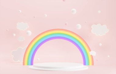 Rainbow, Clouds with a round exhibition podium on pink background. Festive advertising of cosmetics, sweets products for children. Birthday, fun party background - 3d render illustration