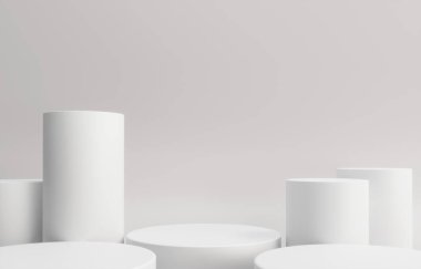 Podyum, sergi yuvarlak kaidesi - 3 boyutlu resimleme. Kozmetik ürünler demek. Geometrik - mimari bileşim. Gri beyaz taban podyumu.