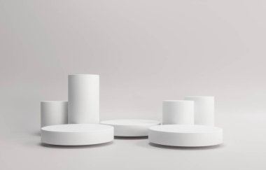 Podyum, sergi yuvarlak kaidesi - 3 boyutlu resimleme. Kozmetik ürünler demek. Geometrik - mimari bileşim. Gri beyaz taban podyumu.