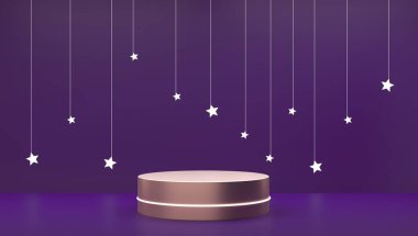 Sergi dairesi silindirik podyum. Platform, ürün kaidesi - 3 boyutlu resimleme. Pembe arka planda parlayan neon yıldızlar. Uyku, doğum günü, yıldönümü - tatil indirimleri, indirim