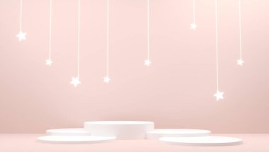 Sergi Yuvarlak Silindirik Podyumlar. Platform, ürün kaidesi - 3 boyutlu resimleme. Pembe arka planda parlak dallar. Uyku, doğum günü, yıldönümü - tatil indirimleri, indirim