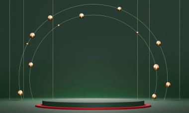 Yeşil podyum, kaide, arka planda platform. Altın çerçeve - 3d soyut resimleme. Ürün tasarımı için boş alan. Konser ödüllü kazananları göster.