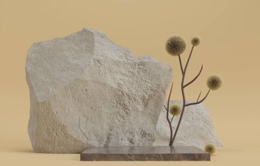 Premium podyum, kaide, pastel bej arka planda dur. Meditasyon rahatlama, spa terapisi ve sağlık. Güneşli sıcak yaz günü. 3 boyutlu resimleme. Dekorasyon için dallar ve çiçekler